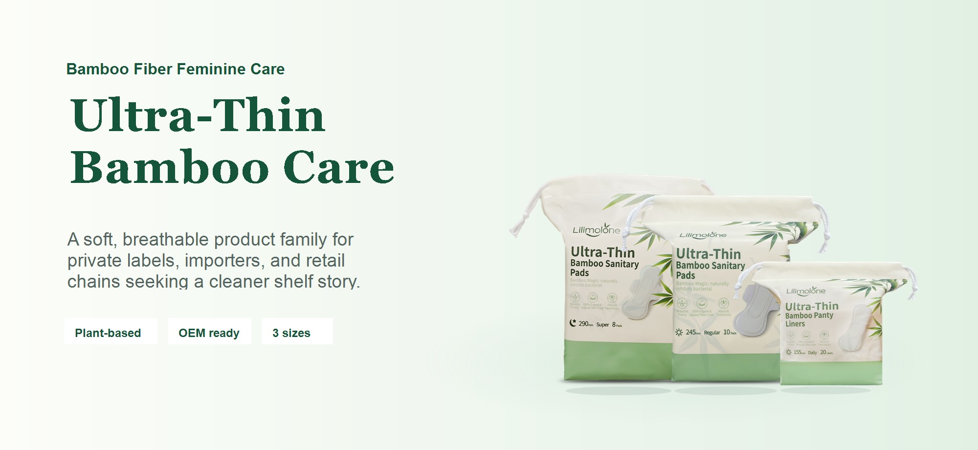 Bamboo fiber ultra-thin pads banner with plant-based OEM product range
